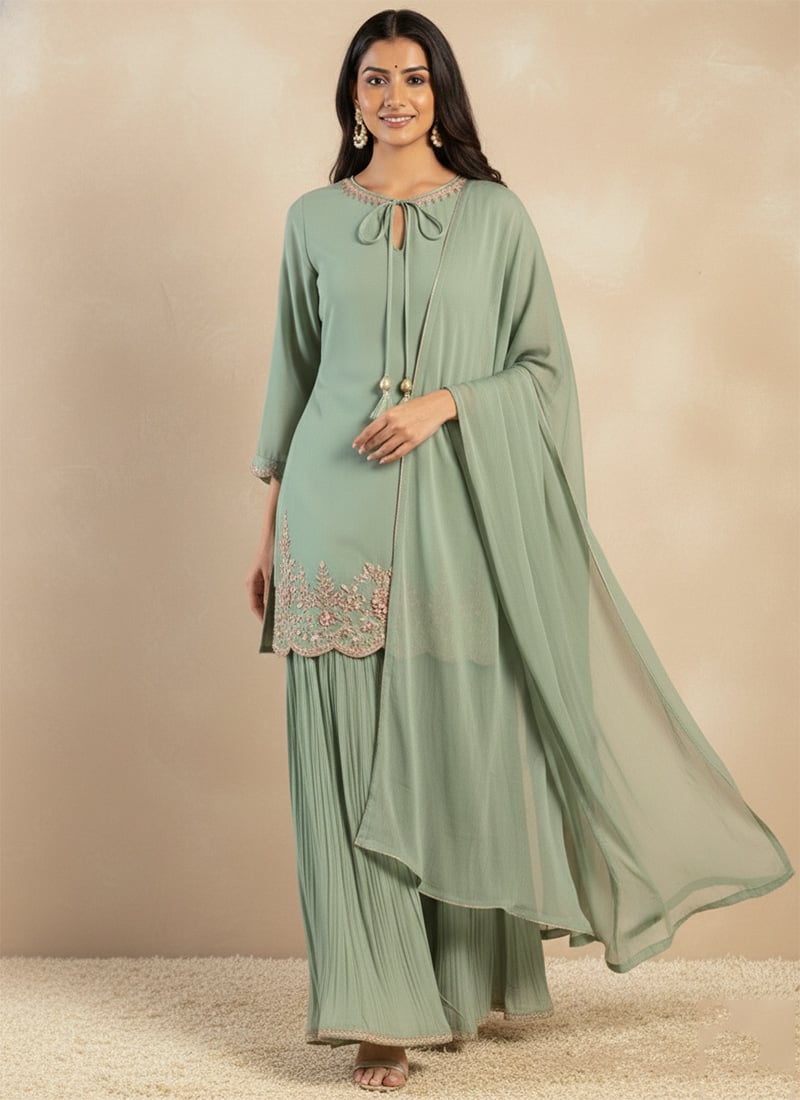 Mint Green Georgette Sequins Beads Cutdana Hand Embroidered Palazzo Suit Festive Wear