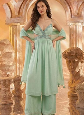 Mint Green Georgette Zari Hand Embroidered Stone With Beads Work Palazzo Suit