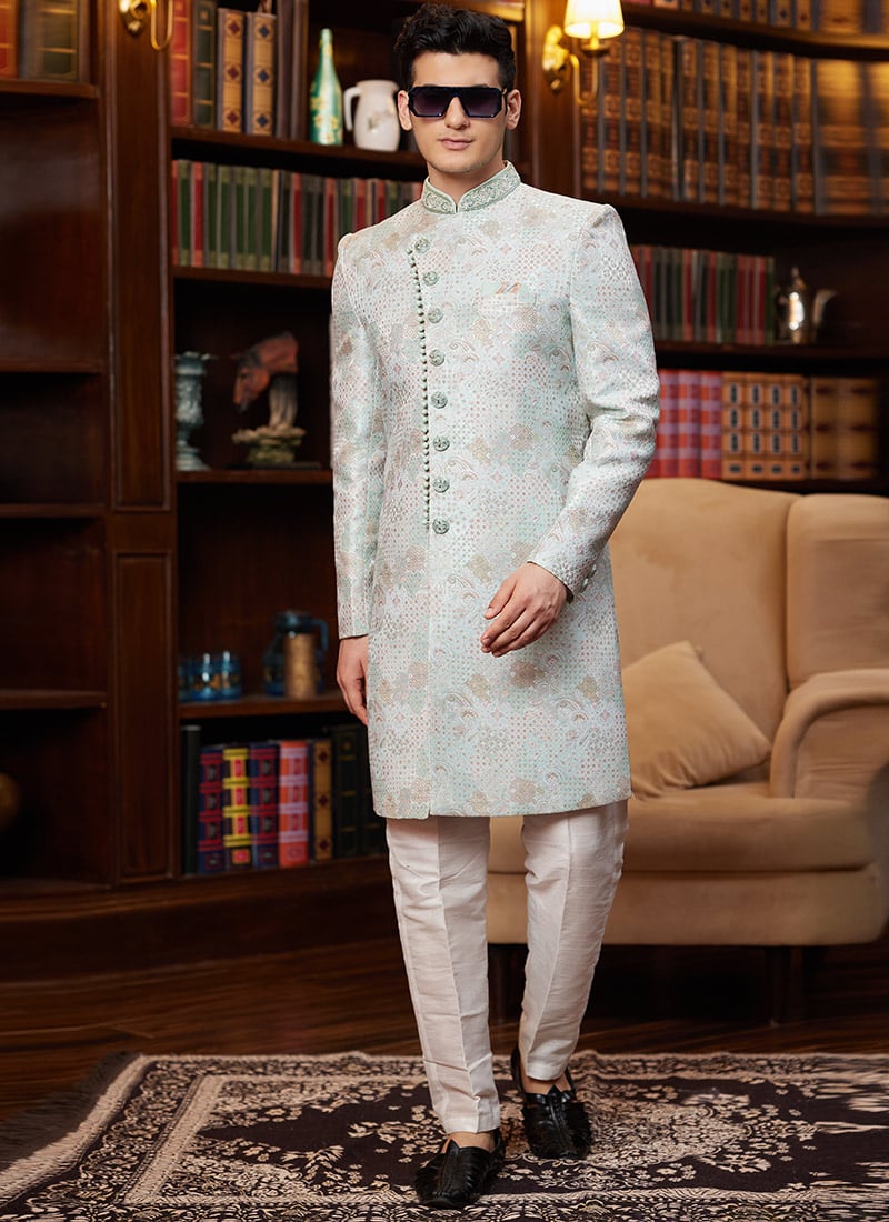 Mint Green Jacquard Silk Beads And Zari Hand Work Indowestern Sherwani Wedding Wear