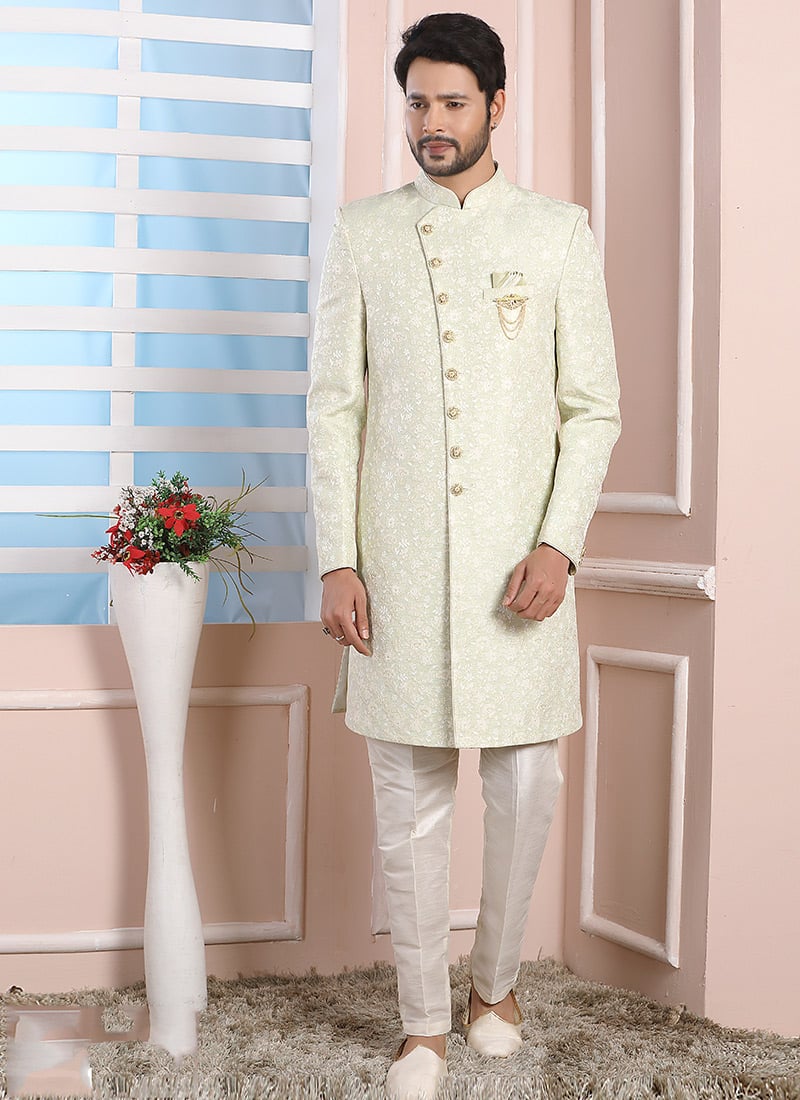 Mint Green Jacquard Silk Indowestern Sherwani