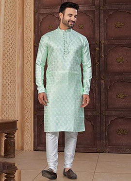 Mint Green Jacquard Silk Zari Jacquard Thread Classic Sherwani