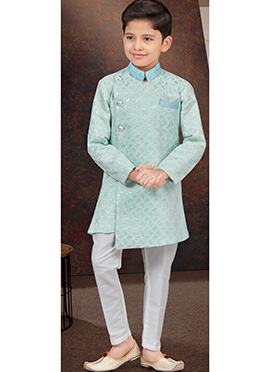 Mint Green Kasak Zari Jacquard Sequins Kids Boys Indowestern Sherwani