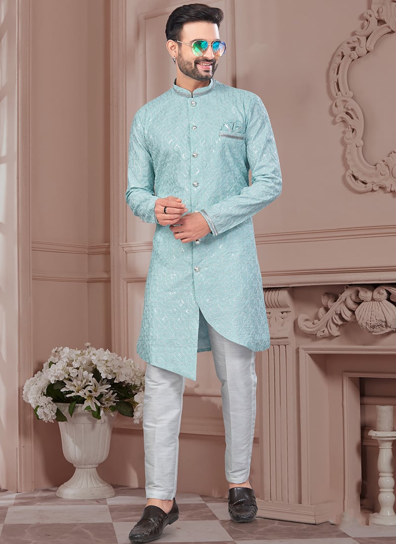 Mint Green Kora Shine Silk Embroidered Sequins Indowestern Sherwani Festive Wear