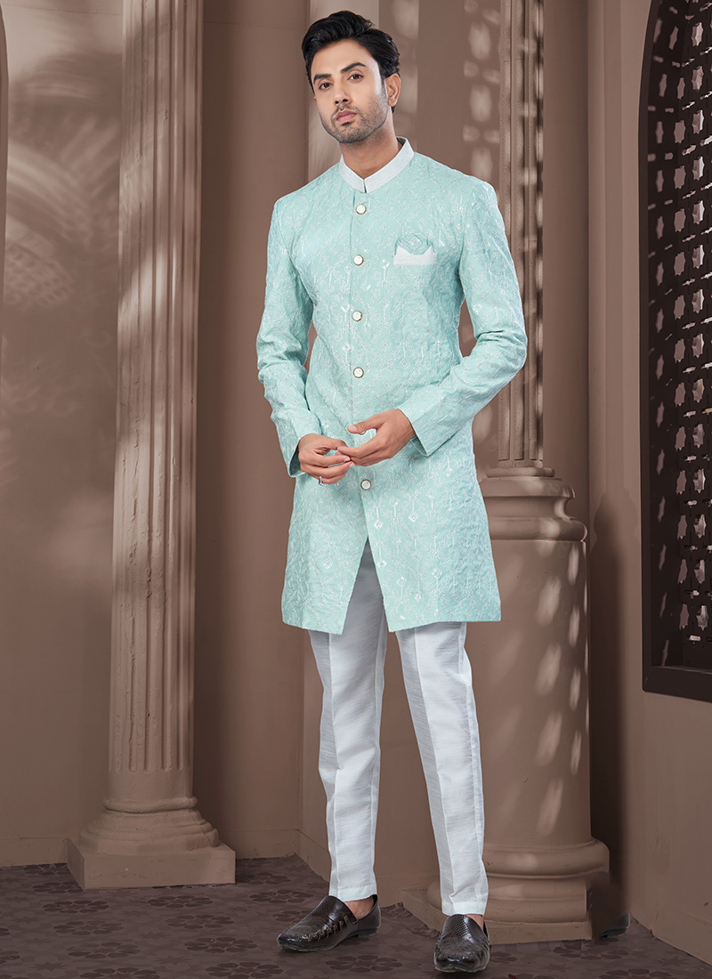 Mint Green Kora Shine Silk Embroidered Sequins Indowestern Sherwani Festive Wear