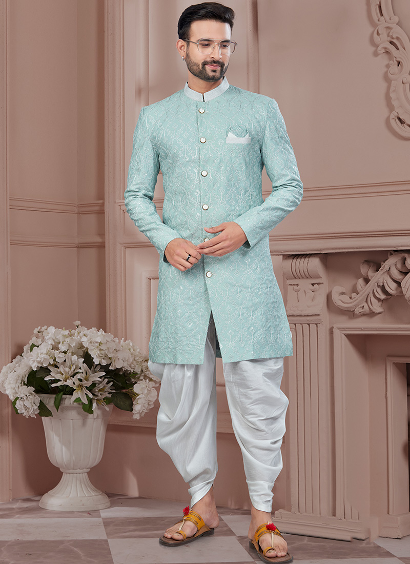 Mint Green Kora Shine Silk Embroidered Sequins Indowestern Sherwani Festive Wear