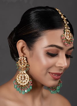 Mint Green Kundan And Meenakari Work Chandeliers With Maangtikka