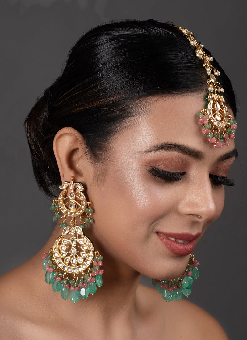 Mint Green Kundan And Meenakari Work Chandeliers With Maangtikka Festive Wear