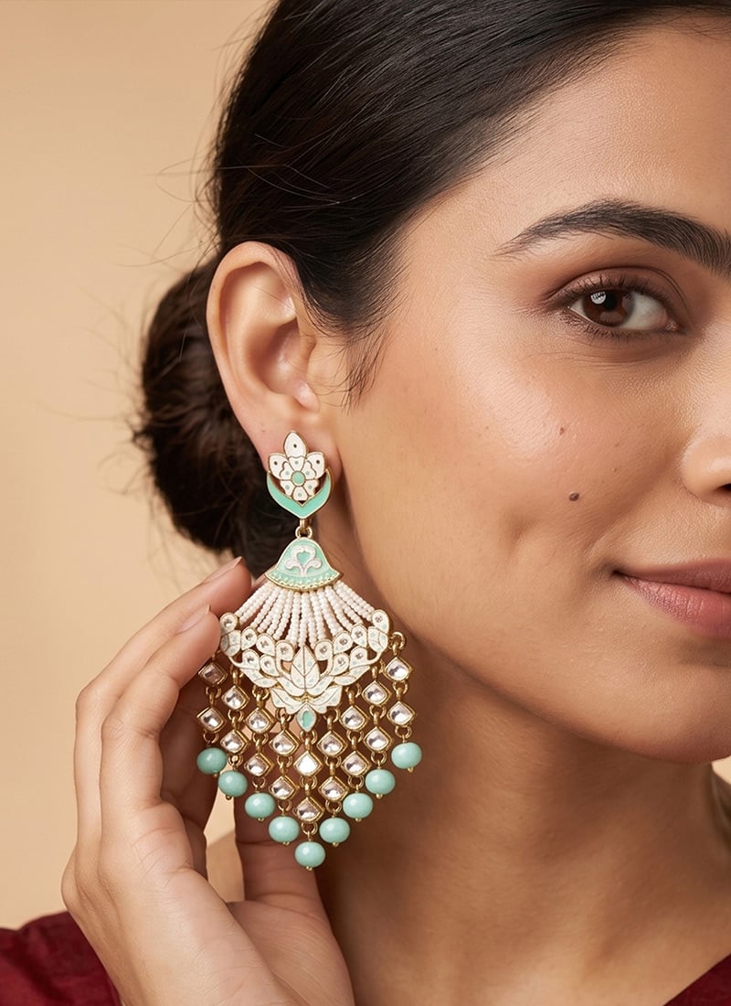 Mint Green Meenakari Bead Chandelier Earrings After Six Wear