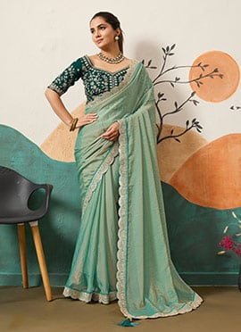 Mint Green Organza Embroidered Sequin Saree