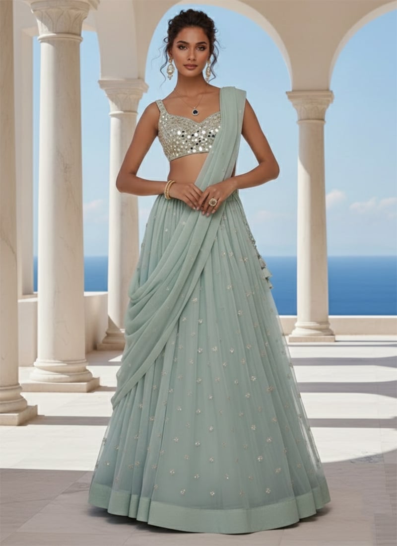 Mint Green Organza Zari Hand Embroidered Mirror Work Lehenga Wedding Wear