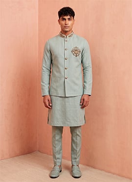 Mint Green Premium Linen Embroidered Sequins Kurta Pyjama With Jacket