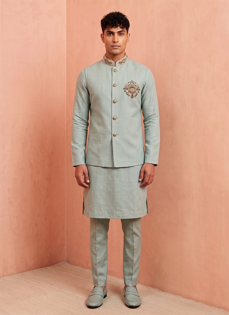 Mint Green Premium Linen Embroidered Sequins Kurta Pyjama With Jacket Wedding Wear
