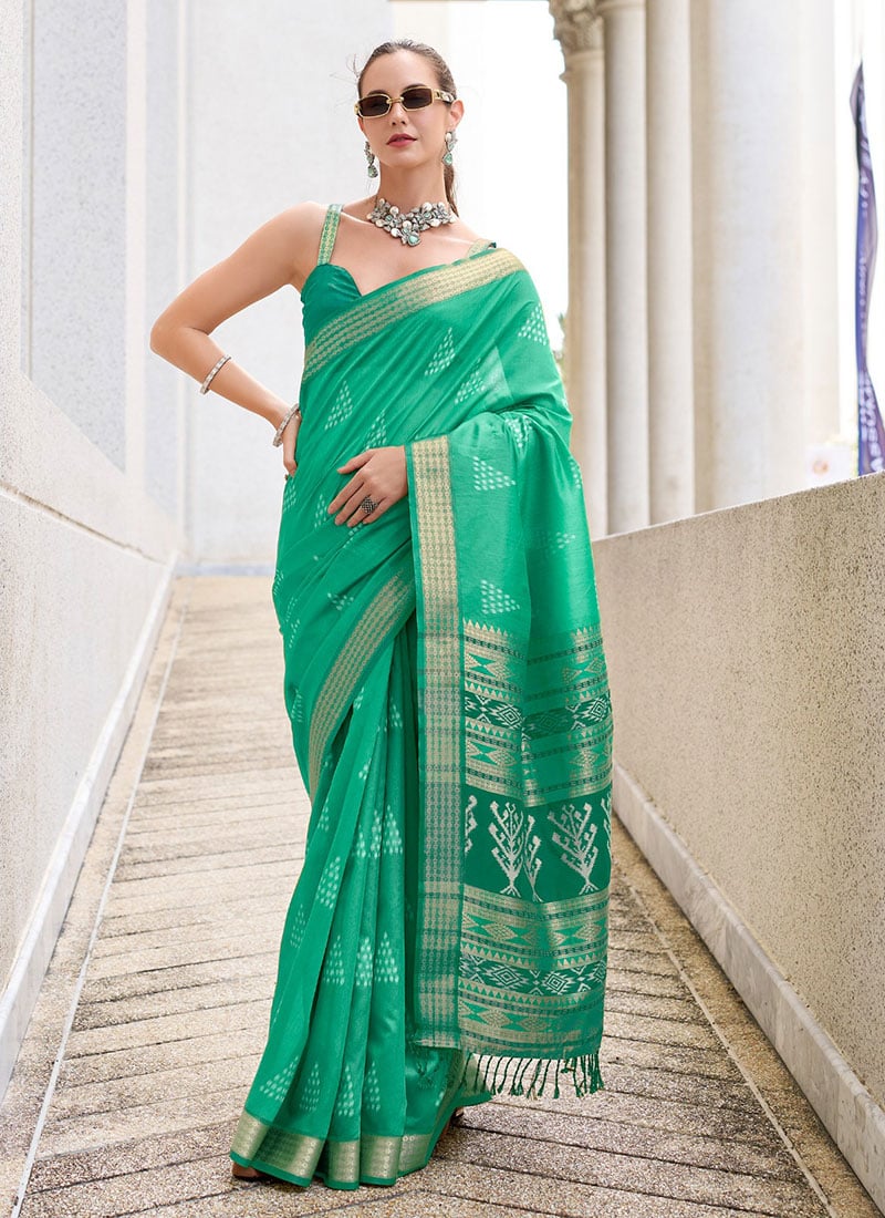 Mint Green Rayon Silk Zari Woven Saree Festive Wear