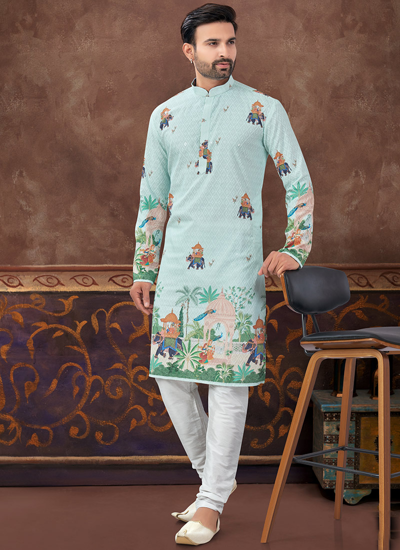 Mint Green Rayon Thread Digital Print Kurta Pyjama Festive Wear