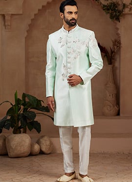 Mint Green Silk Beads And Cutdana Hand Work Indowestern Sherwani