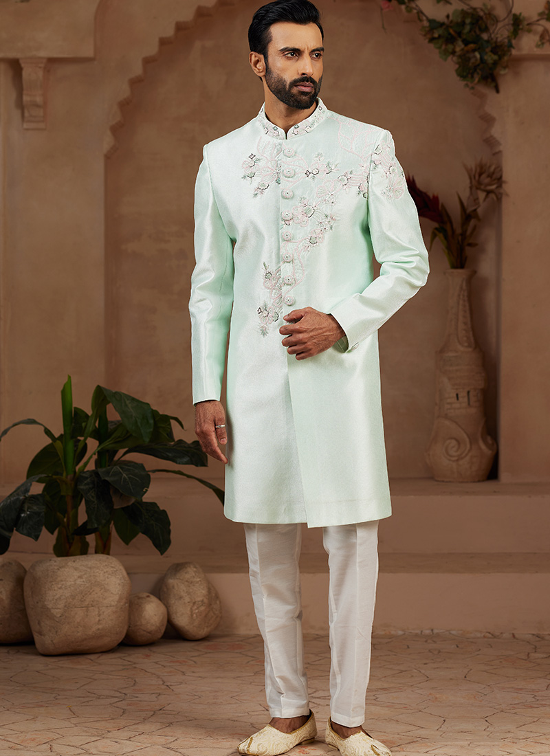 Mint Green Silk Beads And Cutdana Hand Work Indowestern Sherwani