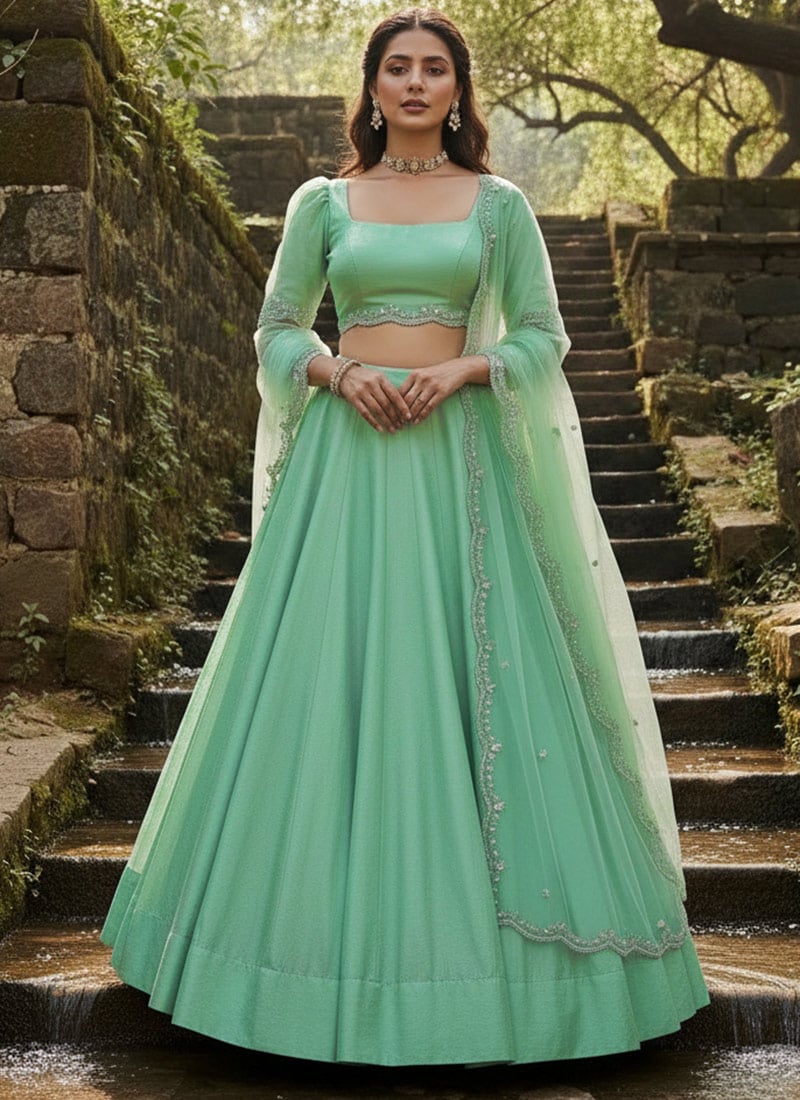 Mint Green Silk Classic Umbrella Lehenga Wedding Wear
