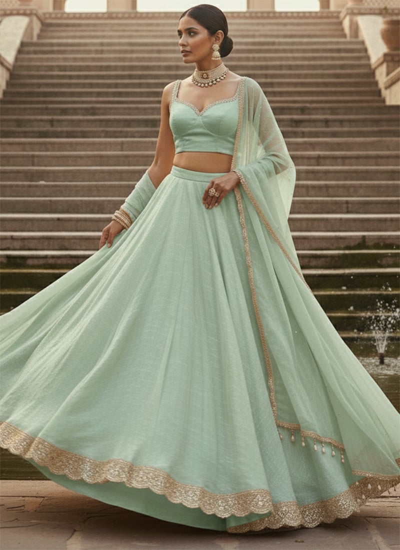 Mint Green Silk Designer Umbrella Lehenga Wedding Wear