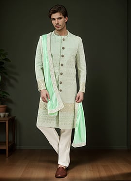 Mint Green Silk Embroidered Classic Sherwani