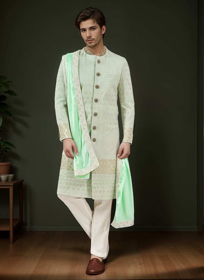 Mint Green Silk Embroidered Classic Sherwani Wedding Wear