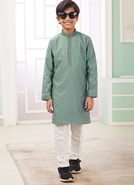 Mint Green Silk Embroidered Sequins Kids Boys Kurta Pyjama