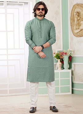Mint Green Silk Embroidered Sequins Kurta Pyjama For Men