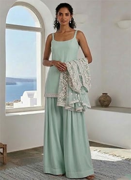 Mint Green Silk Hand Embroidered Indowestern Jacket Palazzo Set