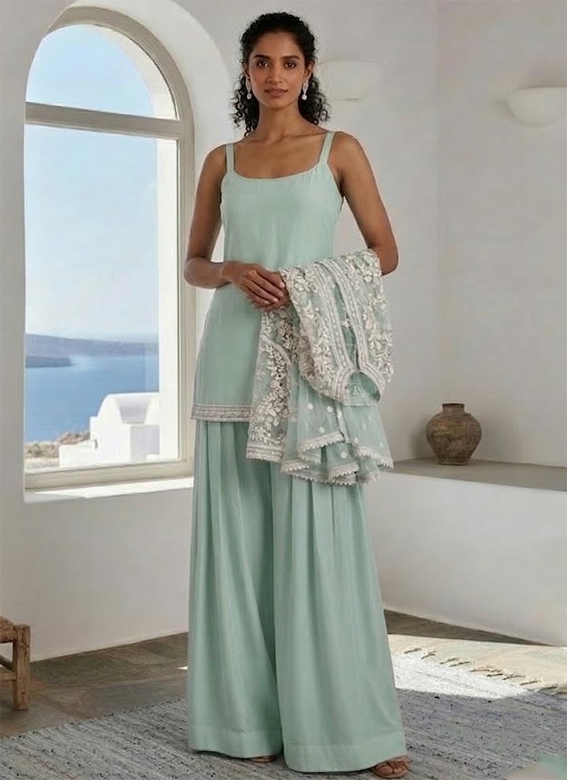 Mint Green Silk Hand Embroidered Indowestern Jacket Palazzo Set Wedding Wear