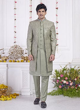 Mint Green Silk Hand Embroidered Sequins Indowestern Sherwani Wedding Wear