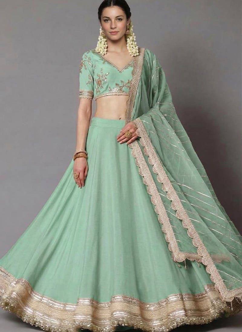 Mint Green Silk Lehenga Set With Zari Hand Embroidery Sequins Wedding Wear