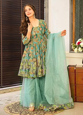 Mint Green Silk Printed Palazzo Suit