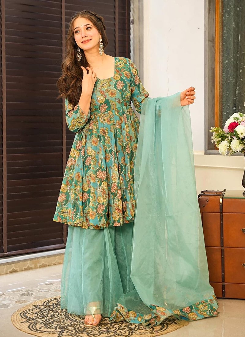 Mint Green Silk Printed Palazzo Suit After Six Wear