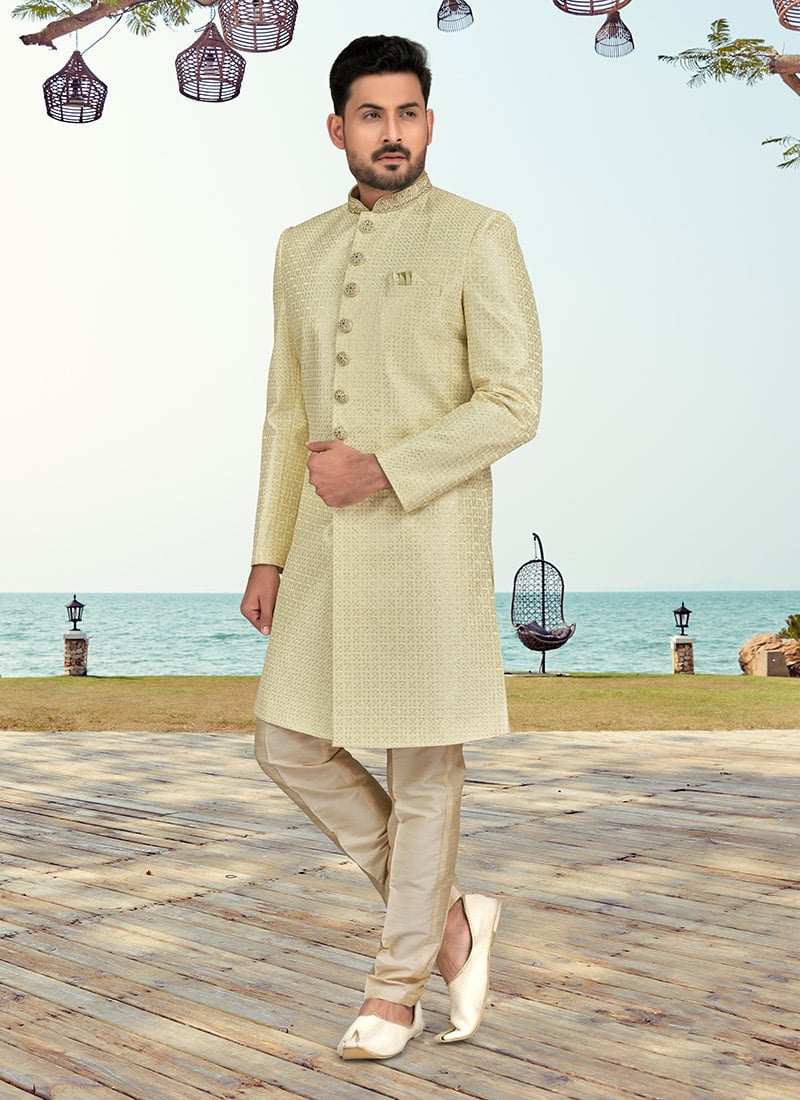 Mint Green Silk Sequins Indowestern Sherwani Wedding Wear