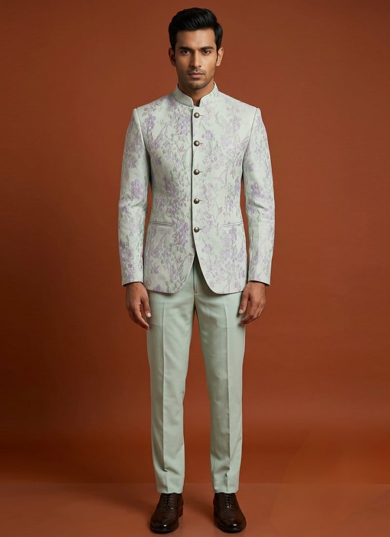 Mint Green Silk Zari Bandhgala Suit For Men Wedding Wear
