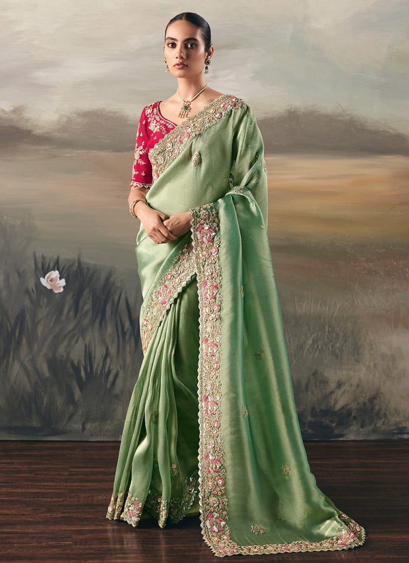Mint Green Silk Zari Embroidered Sequins Saree Wedding Wear