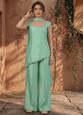 Mint Green Silk Zari Hand Embroidered Mirror Work Palazzo Suit