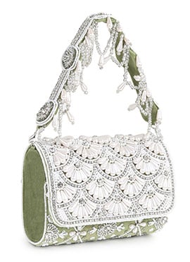 Mint Green Suede Kundan With Stones Moti Sequins Sling Bag