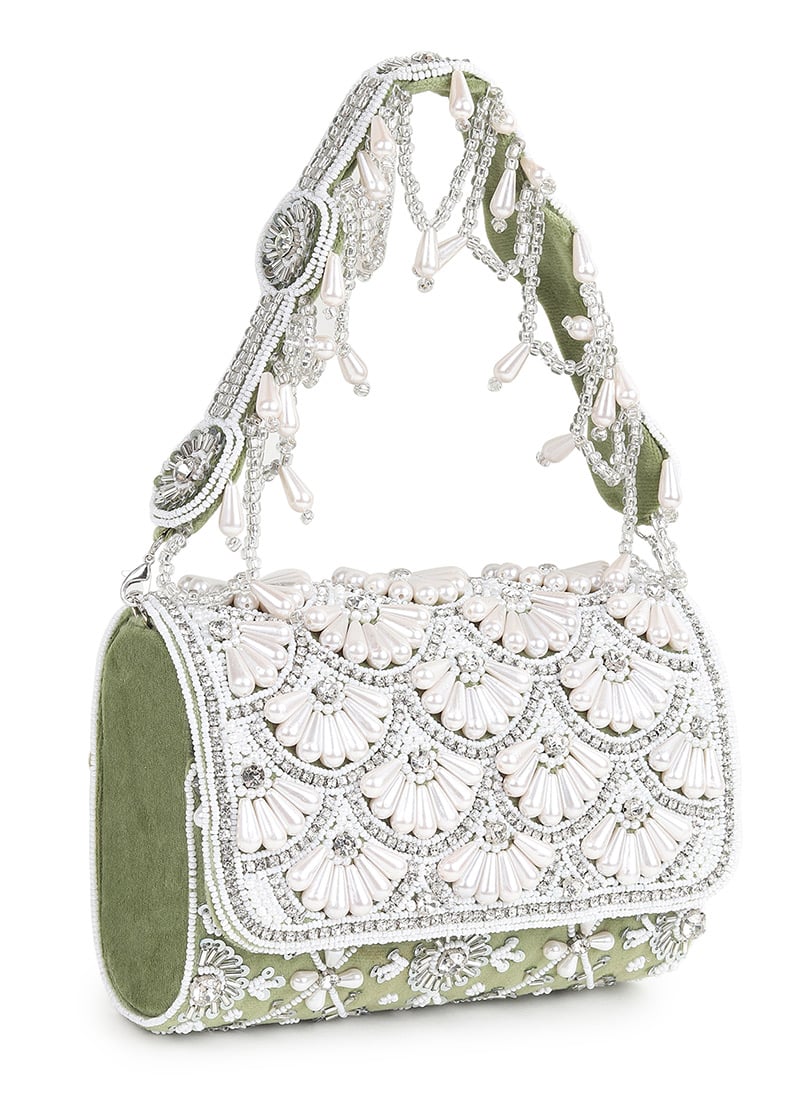 Mint Green Suede Kundan With Stones Moti Sequins Sling Bag Wedding Wear
