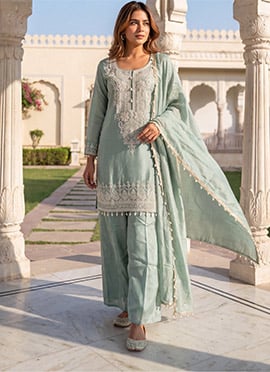 Mint Green Tissue Embroidered Palazzo Suit