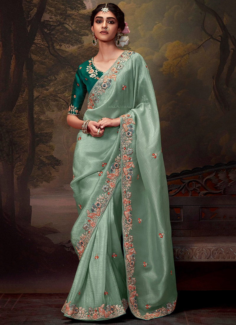 Mint Green Tissue Organza Saree Embossed With Embroidered Sequins And Stones Wedding Wear-SASLI25345369