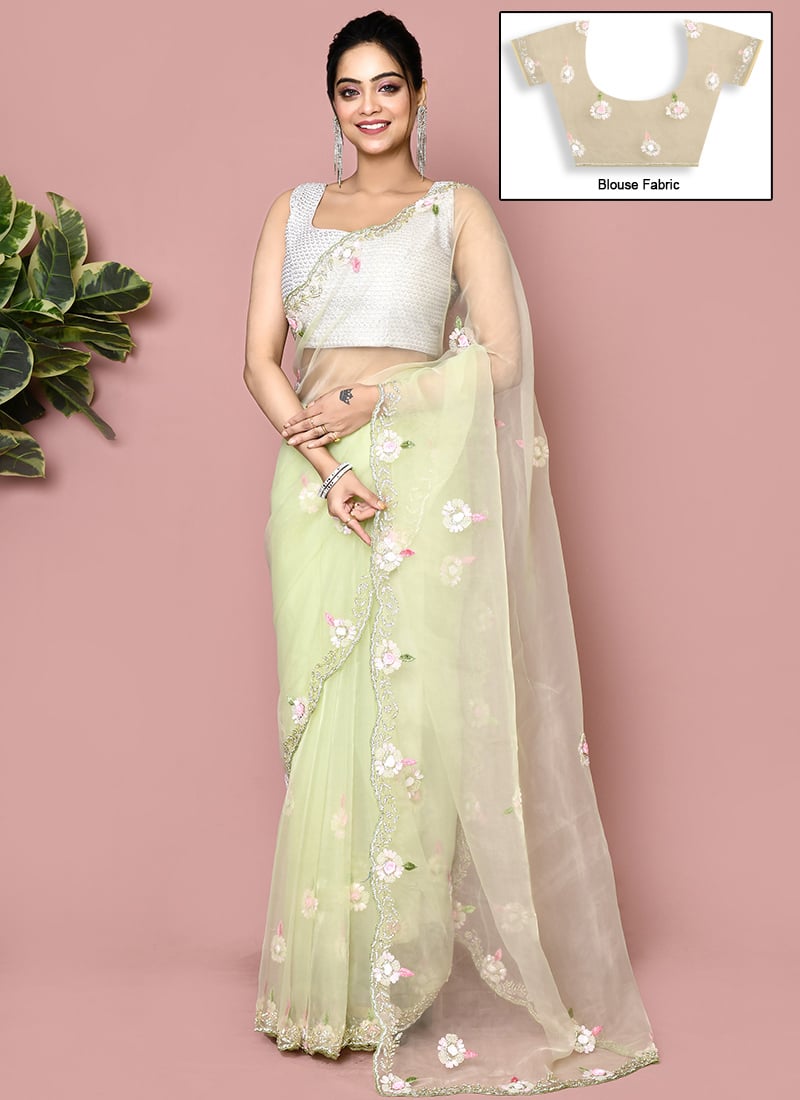 Mint Green Tissue Silk Hand Embroidered Saree Wedding Wear