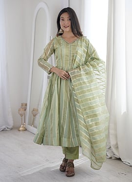 Mint Green Viscose Jacquard Mirror Lace Work Anarkali Suit