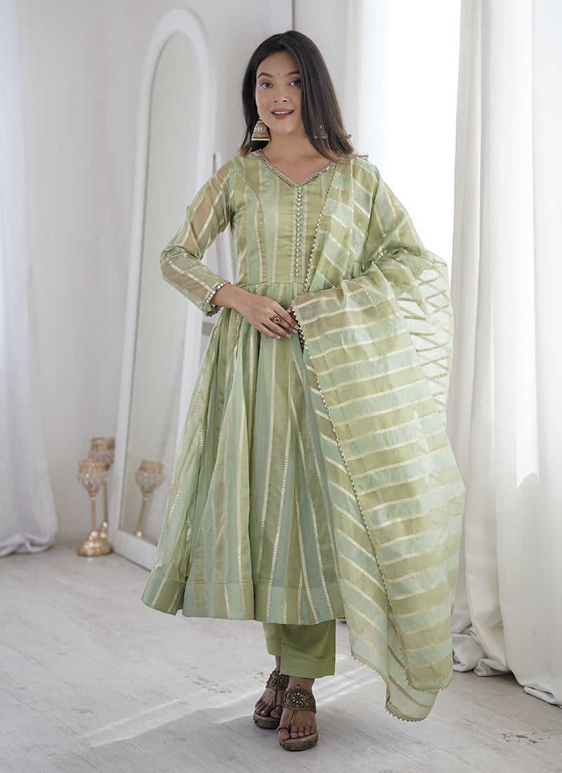 Mint Green Viscose Jacquard Mirror Lace Work Anarkali Suit Festive Wear