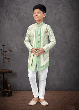 Mint Green Zari Work Jacquard Banarsai Silk Boys Indowestern Sherwani