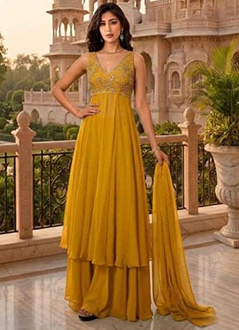 Mustard Georgette Zari Sequins Embroidered Pakistani Anarkali Suit