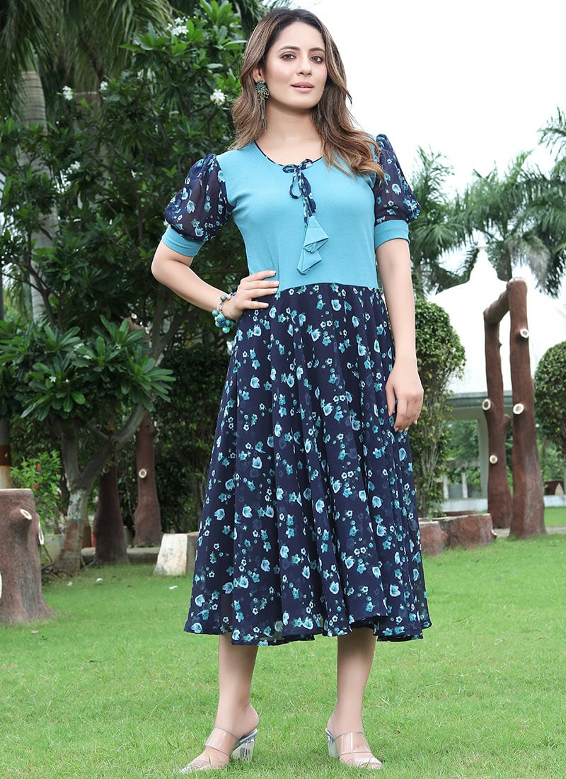 Mixed Lycra Faux Georgette Printed Fit And Flare Dress After Six Wear