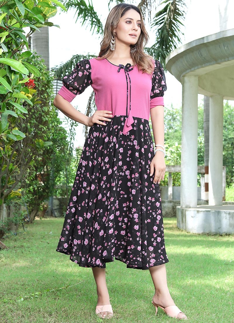 Mixed Lycra Faux Georgette Printed Fit And Flare Dress After Six Wear