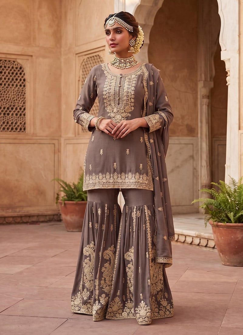 Mocha Brown Chinon Hand Embroidered Sharara Suit Festive Wear