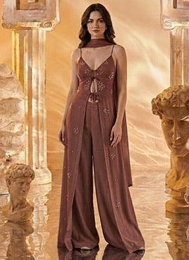 Mocha Brown Georgette Hand Embroidered Sequins With Beads Work Palazzo Suit