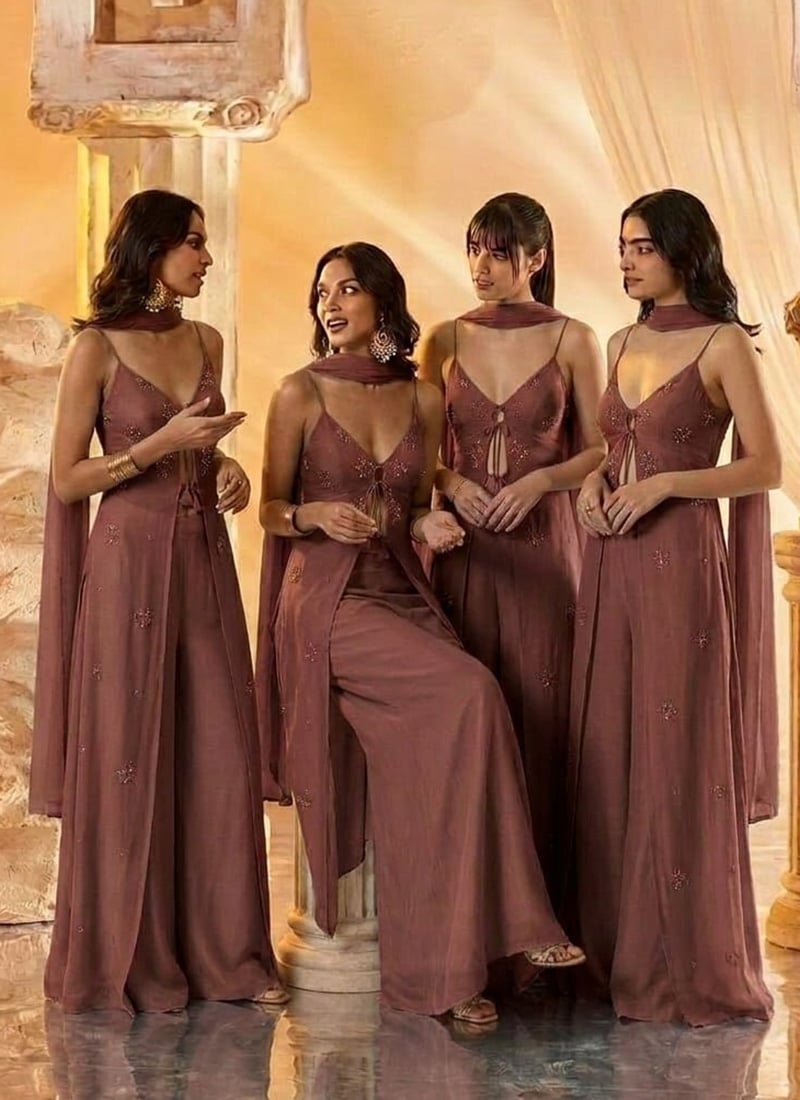 Mocha Brown Georgette Hand Embroidered Sequins With Beads Work Palazzo Suit After Six Wear